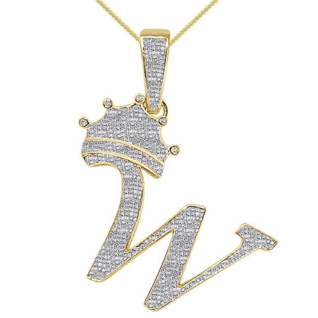 100% 10K Real Solid Yellow Gold Genuine Authentic Natural Diamond Initial Letter Alphabet Crown Unisex Pendant Charm + Free Chain Neckless