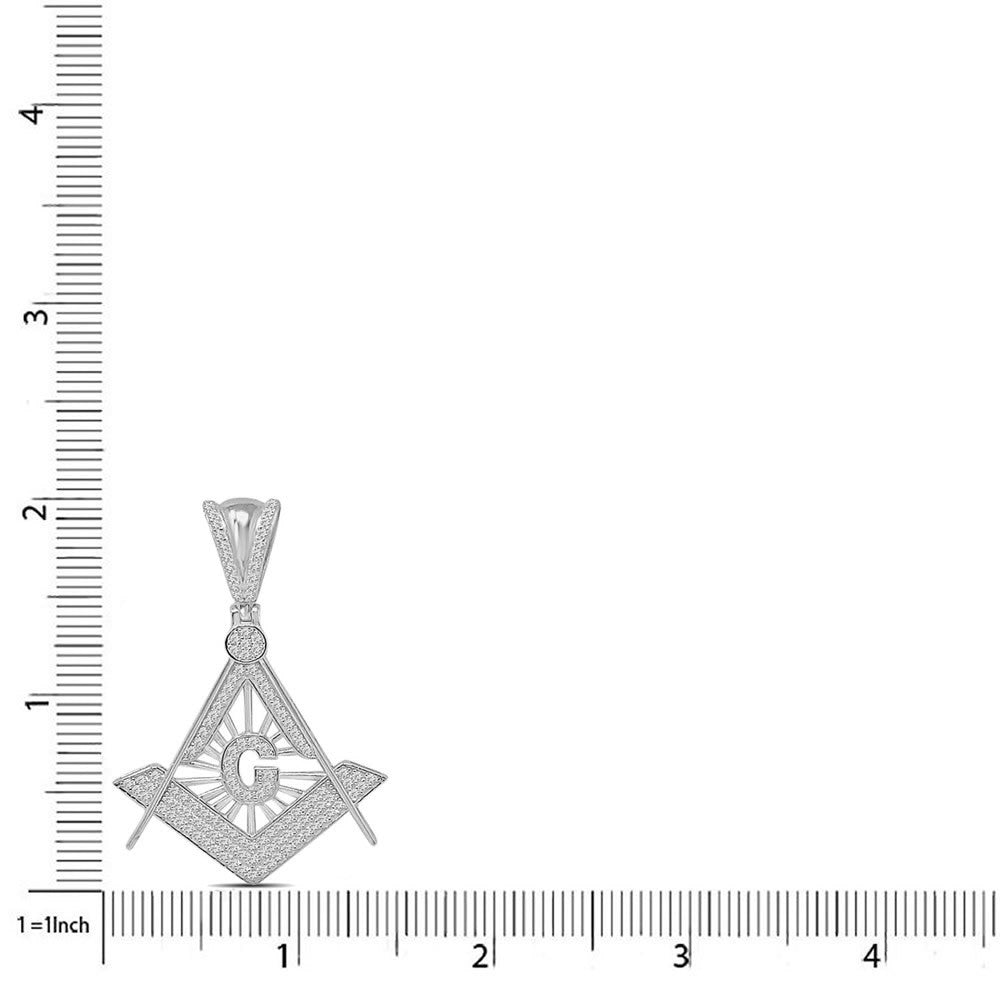 16+ Grams Real Sterling Silver 14K White Gold Finish 1.50 Cwt. Simulated Diamond Freemason Masonic G Compass Pendant Charm +Free Chain Neckless