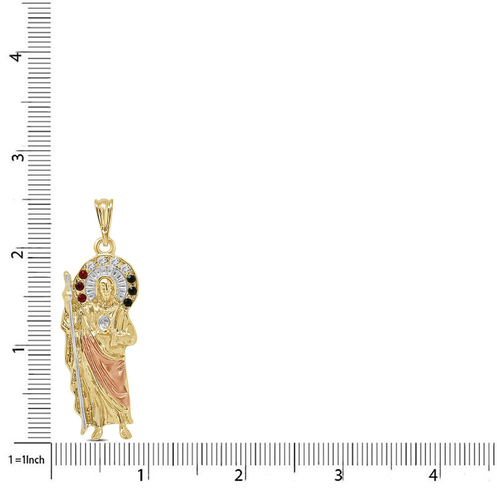 2.25'' 14K 2 Tone Gold Finish Simulated Diamond Saint Jude San Judas Tadeo Unisex Charm Religious Pendant Rope Chain Neckless Set 17+ Grams