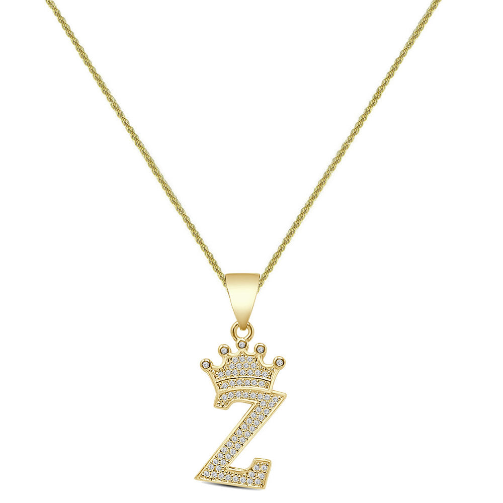 14K Yellow Gold Finish 1.00 Cwt. Simulated Diamond Crown Initial Letter Alphabet Unisex Charm Pendant Rope Chain Neckless Set Small 1.5''