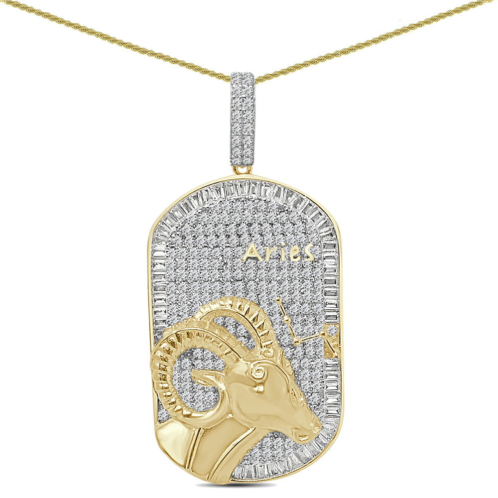 Real Genuine Sterling Silver 26+ Grams 2.25 Ctw. Baguette/Round Cut Simulated Diamond 14K Gold Over Zodiac Birth Sign Dog Tag Charm Pendant