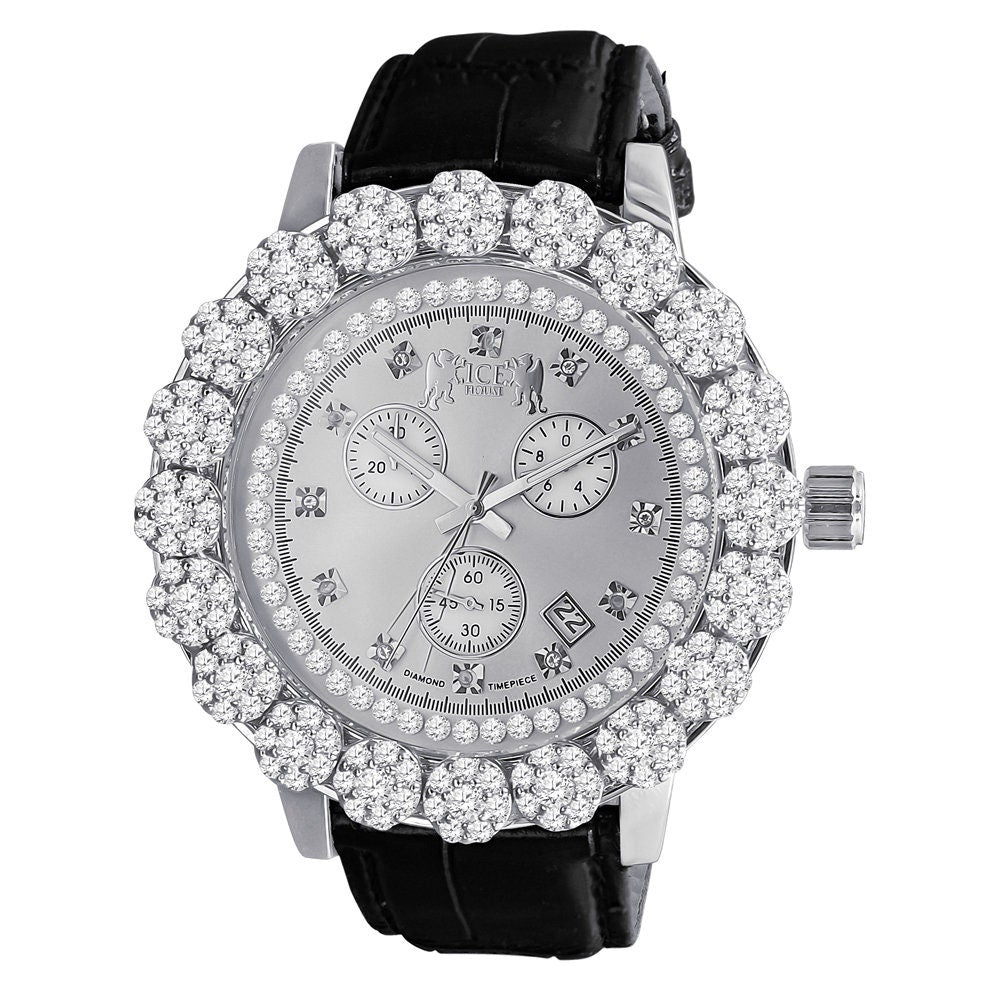 Real Diamond Dial Custom Flower Cluster Bezel 18K Gold Finish Analog Solid Steel Stainless Back Genuine Leather Strap Band Wrist Men's Watch