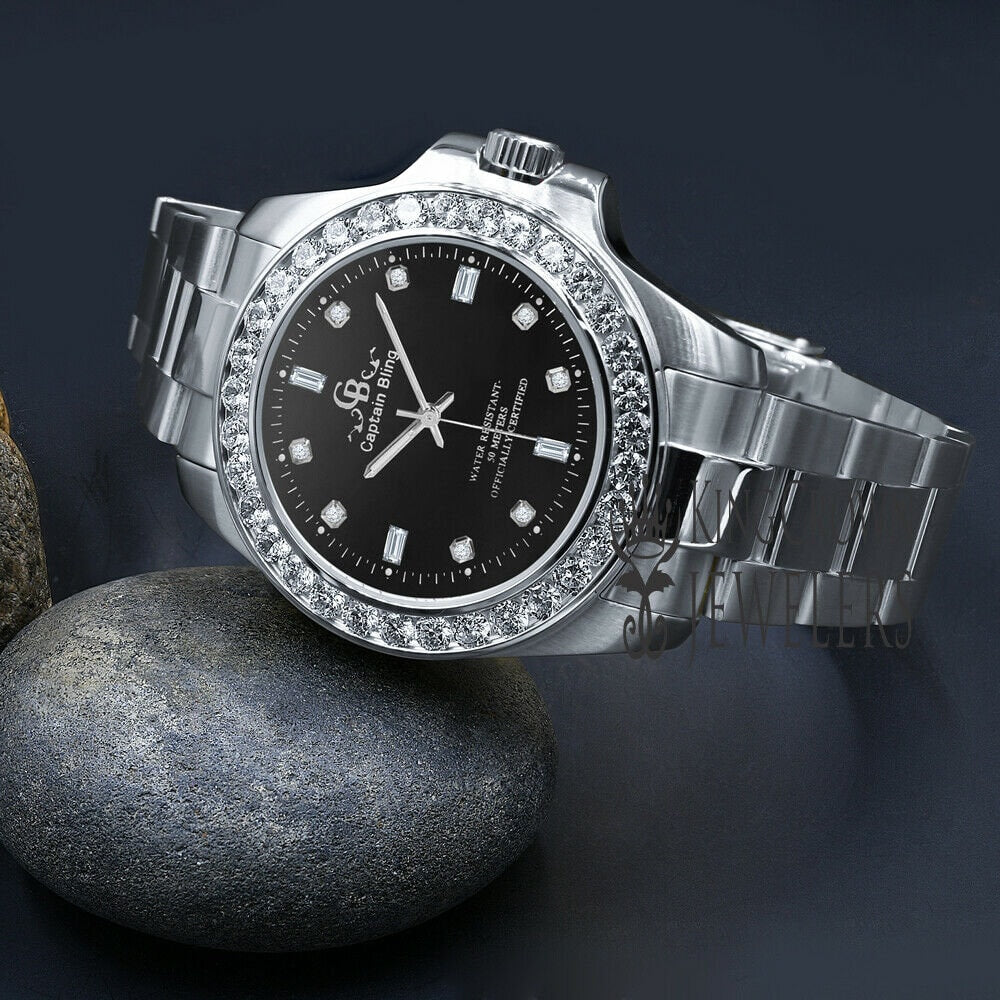 Solid Solid Steel Black Dial Simulated Diamonds 18K White Gold Finish Mens Watch 42mm