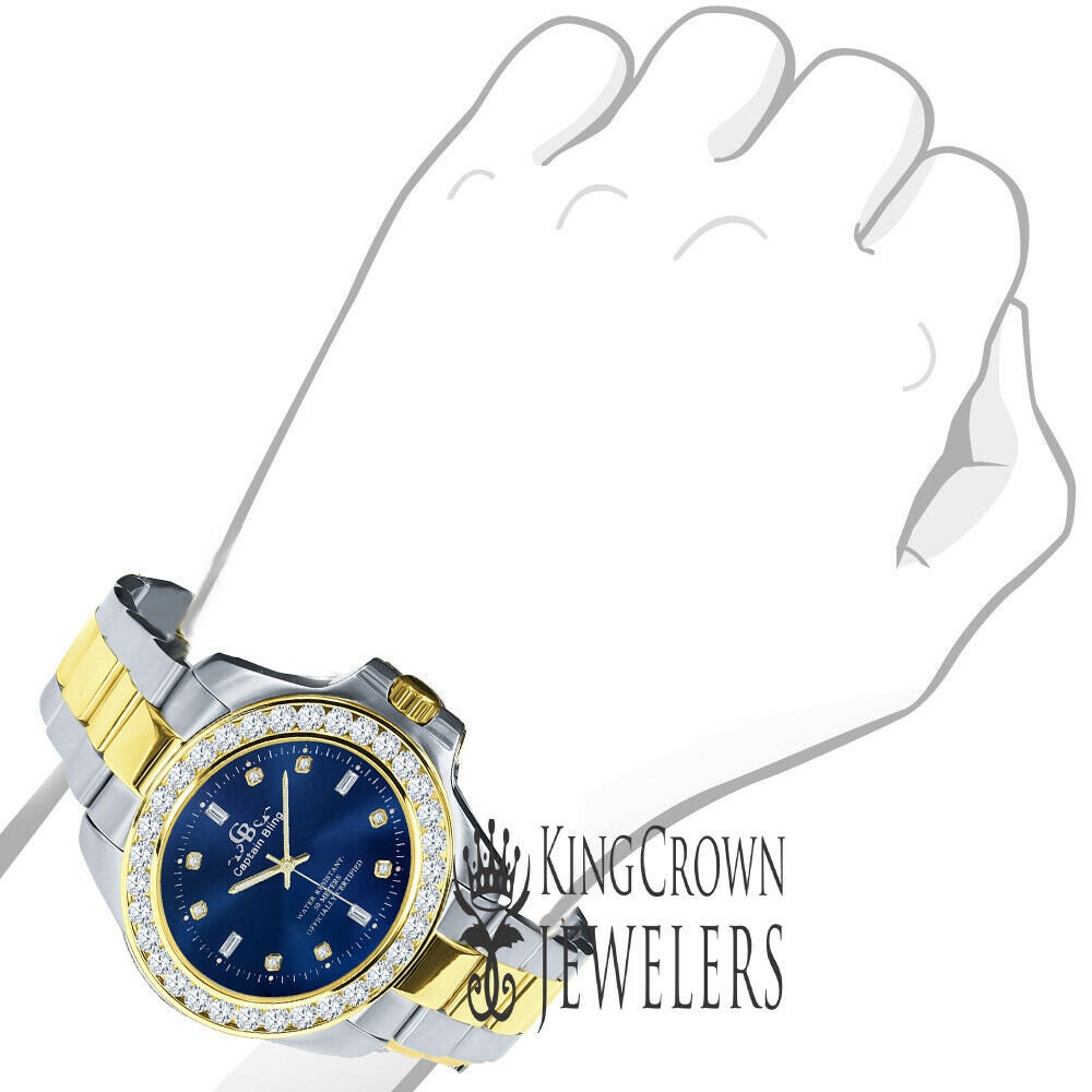 2 Tone Mens Solid Stainless Steel Blue Dial Simulated Diamonds 18K Gold Finish Watch 42mm
