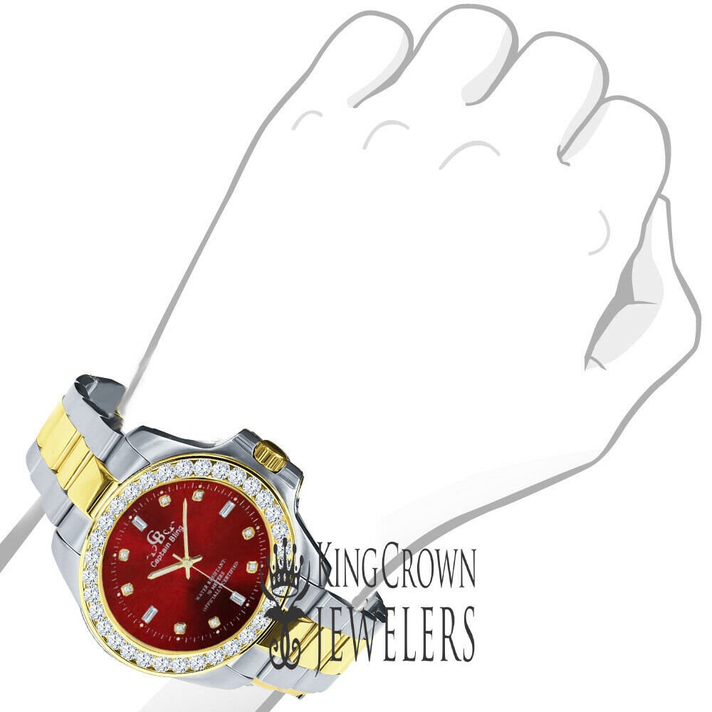 Mens Solid Stainless Steel 2 Tone Ruby Red Dial Simulated Diamonds 18K Gold Tone Presidential Watch 42mm