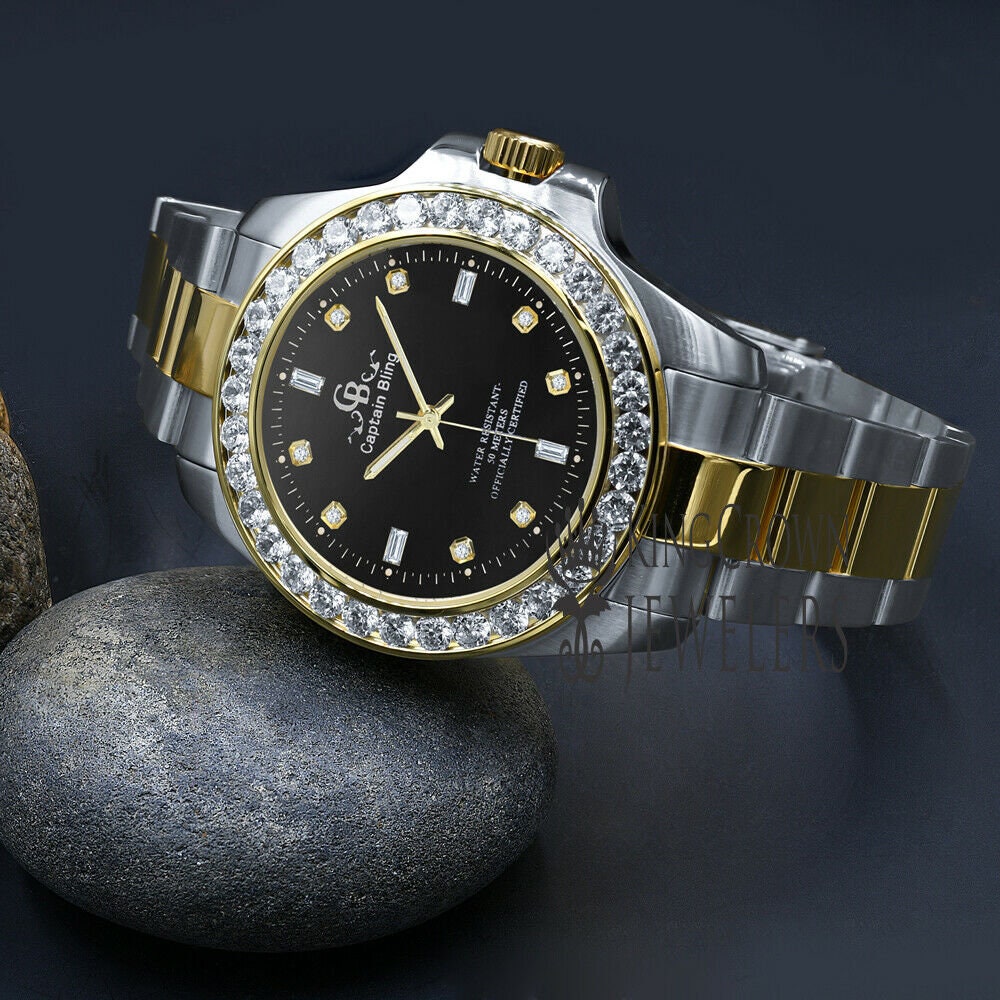 18K White Gold Solid Stainless Steel Simulated Diamond Black Dial Presidential Watch 42mm