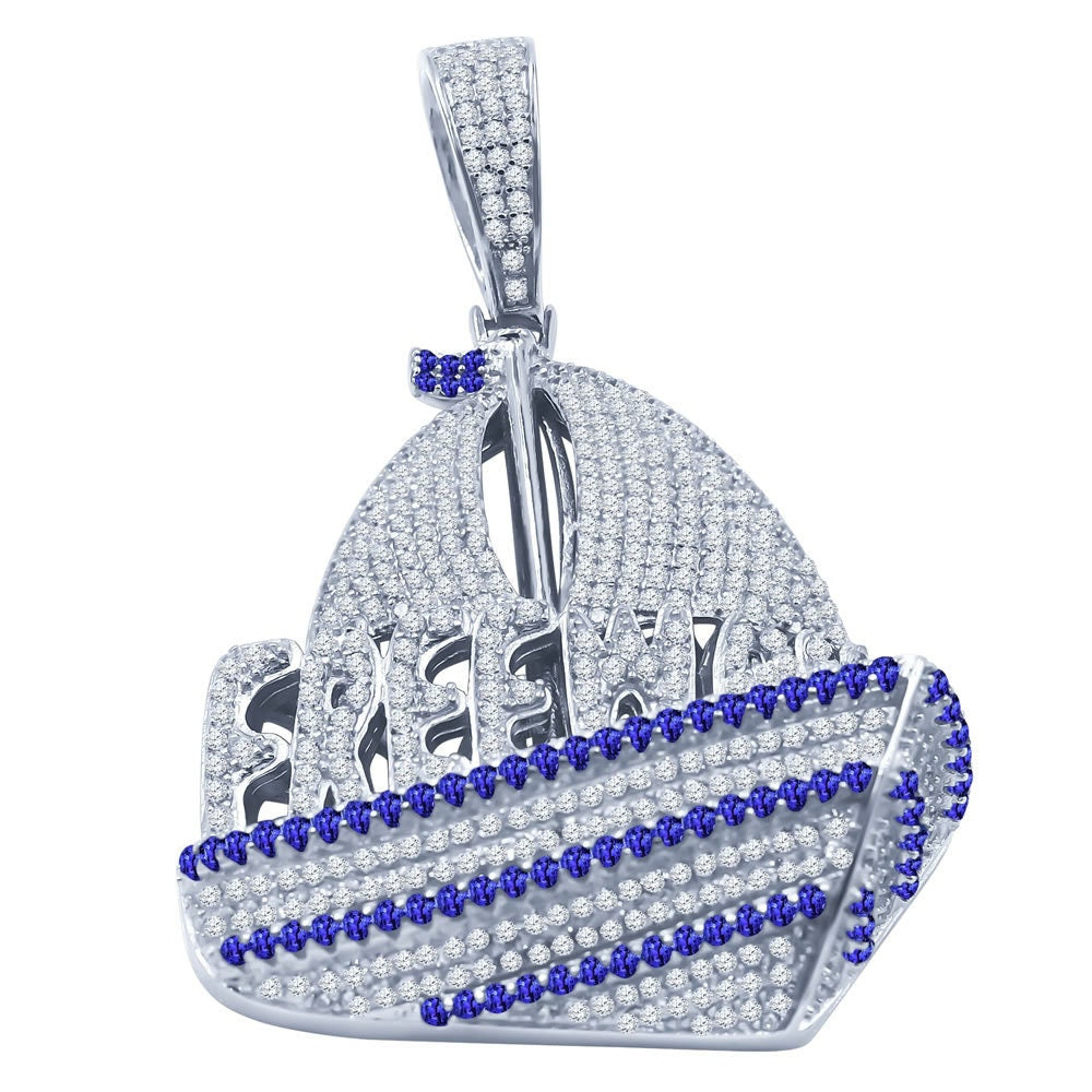 Custom Piece Real Sterling Silver Pirate Ship Pendant Simulated Diamonds 14K Gold Finish Charm 2.35''