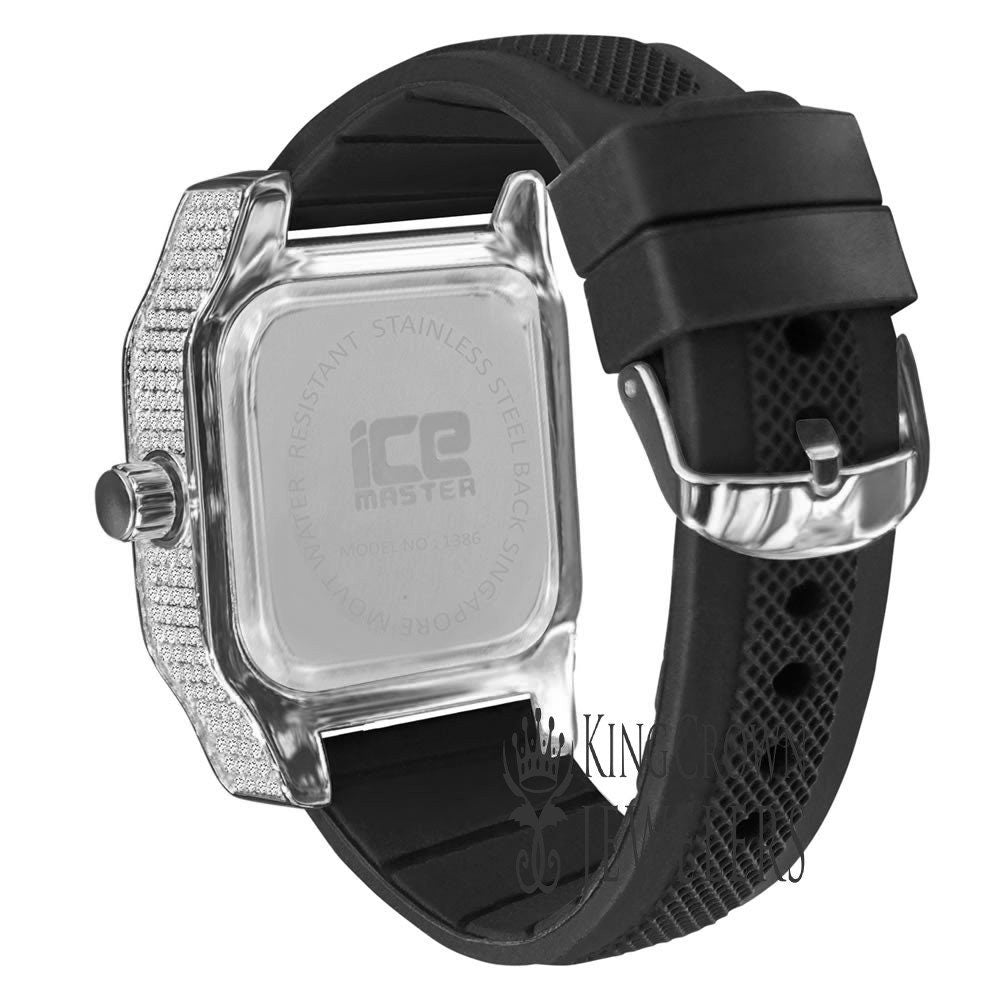 Square Face Mens 14k White Gold Tone Ice Master Simulated Diamonds Solid Steel Back Water Resistance Wrist Watch