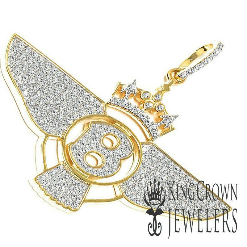 Real Yellow Gold Sterling Silver Simulated Diamond B Wing Flying B Bentley Crown Pendant Charm