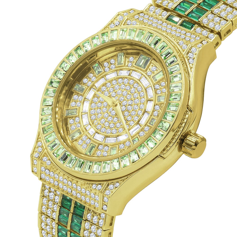 Mens Green Emerald Baguette Simulated Diamond 18K Gold Finish Iced Out Custom Band Luxury Watch