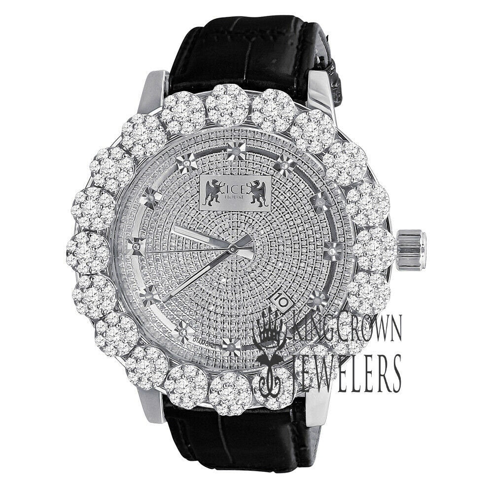 Men's Real Diamond Dial Custom Flower Cluster Bezel 18K Gold Finish Analog Solid Steel Stainless Back Genuine Leather Strap Band Wrist Watch