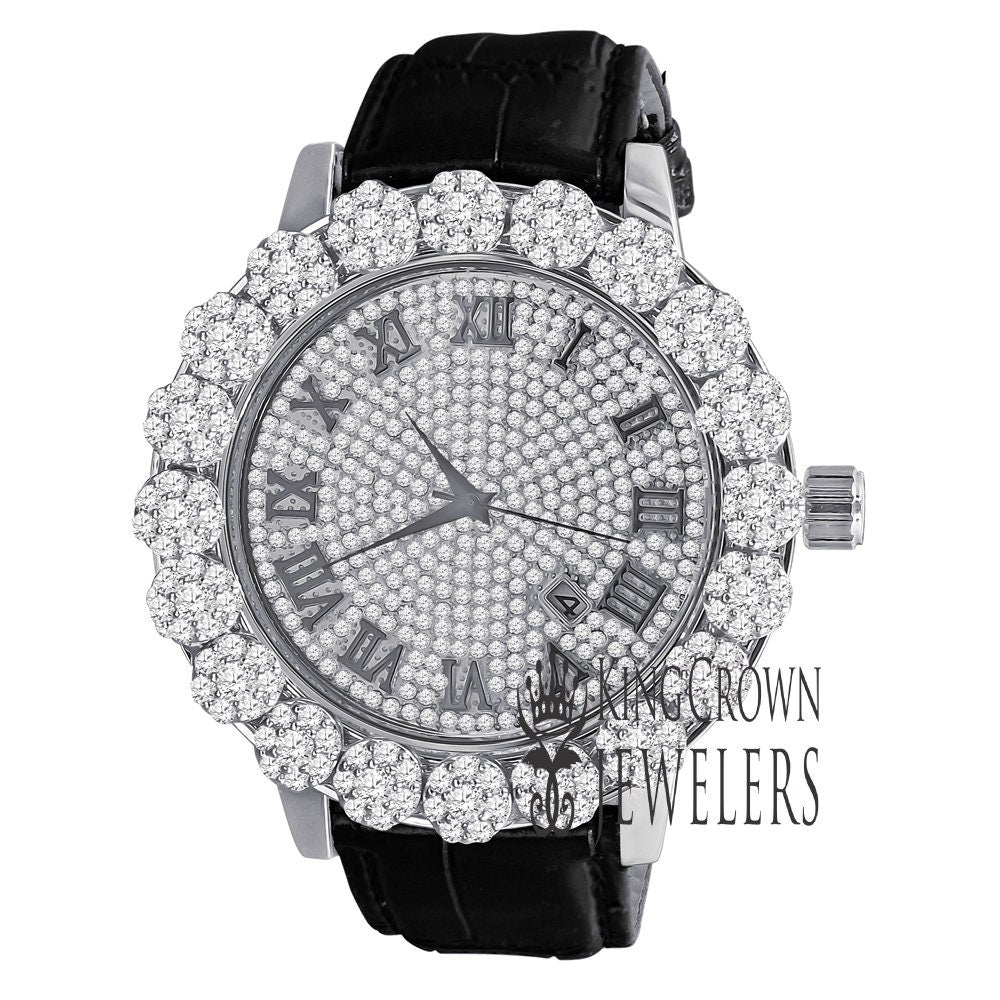 Roman Face Men's Custom Flower Bezel Gold Tone Simulated Diamond Dial Wrist Watch Analog Solid Steel Back Genuine Leather Strap Band W/Date