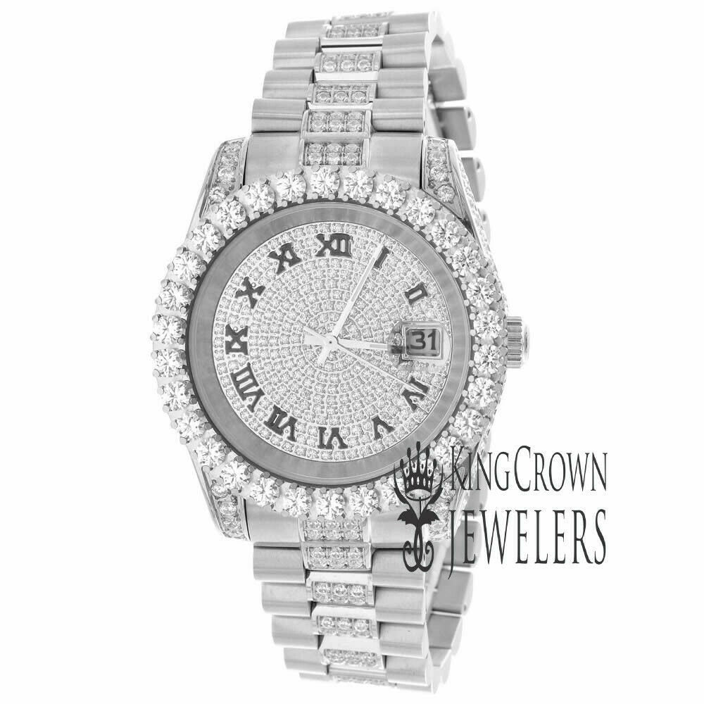 Mens Roman Number Dial Solid Stainless Steel Solitaire Simulated Diamond Presidential Link Watch 41mm