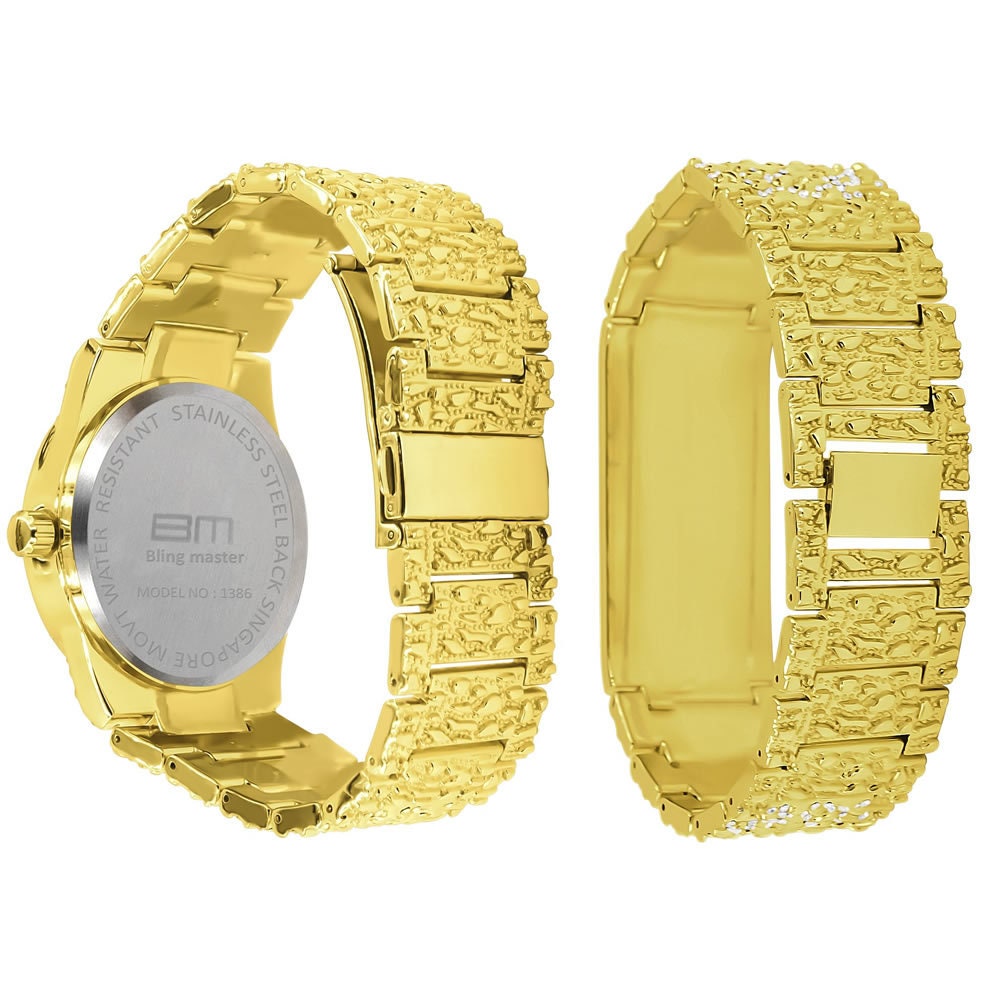 Gold Dial Men Custom Nugget Watch Bracelet Set Simulated Diamond Analog 43mm