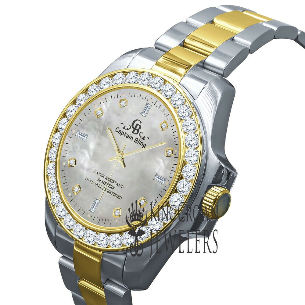 Mother Of Pearl Dial 2 Tone Solid Stainless Steel Simulated Diamonds 18K Gold Finish Solitaire watch