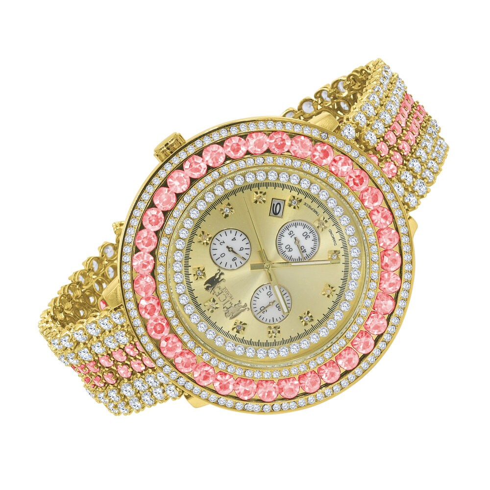 Adjustable Size Custom Band Pink Tourmaline Big Face Simulated Diamond Gold Tone Jo Rodeo Watch