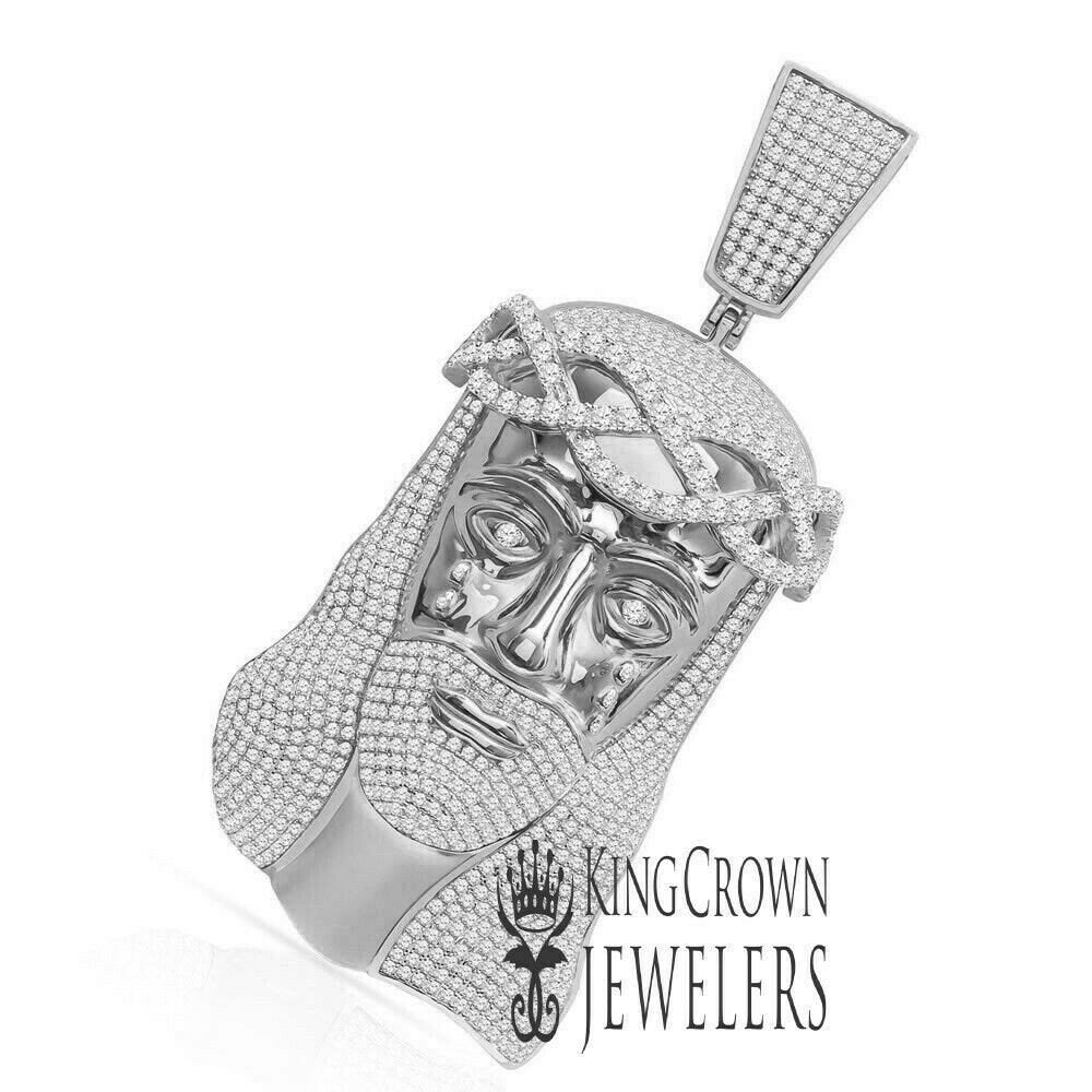 Real Genuine Sterling Silver 100+ Grams Big Huge 4.25'' 14K Gold Over Custom Jesus Piece Face 9.00 Cwt. Simulated Diamond Pendant Charm