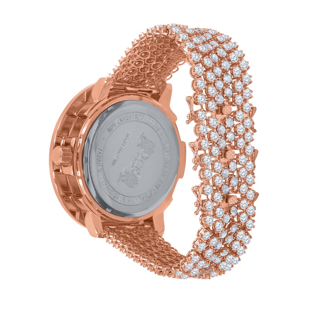 Roman Face Solitaire Simulated Diamond Rose Gold Finish Stainless Steel Back Mens Watch W/Date Function