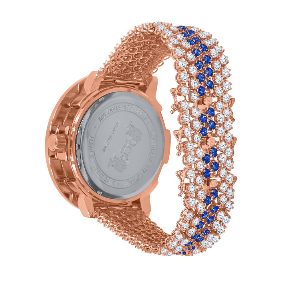 Blue Solitaire Bezel Roman Face Rose Gold Genuine Diamond Dial Custom Band Watch W/Date Function
