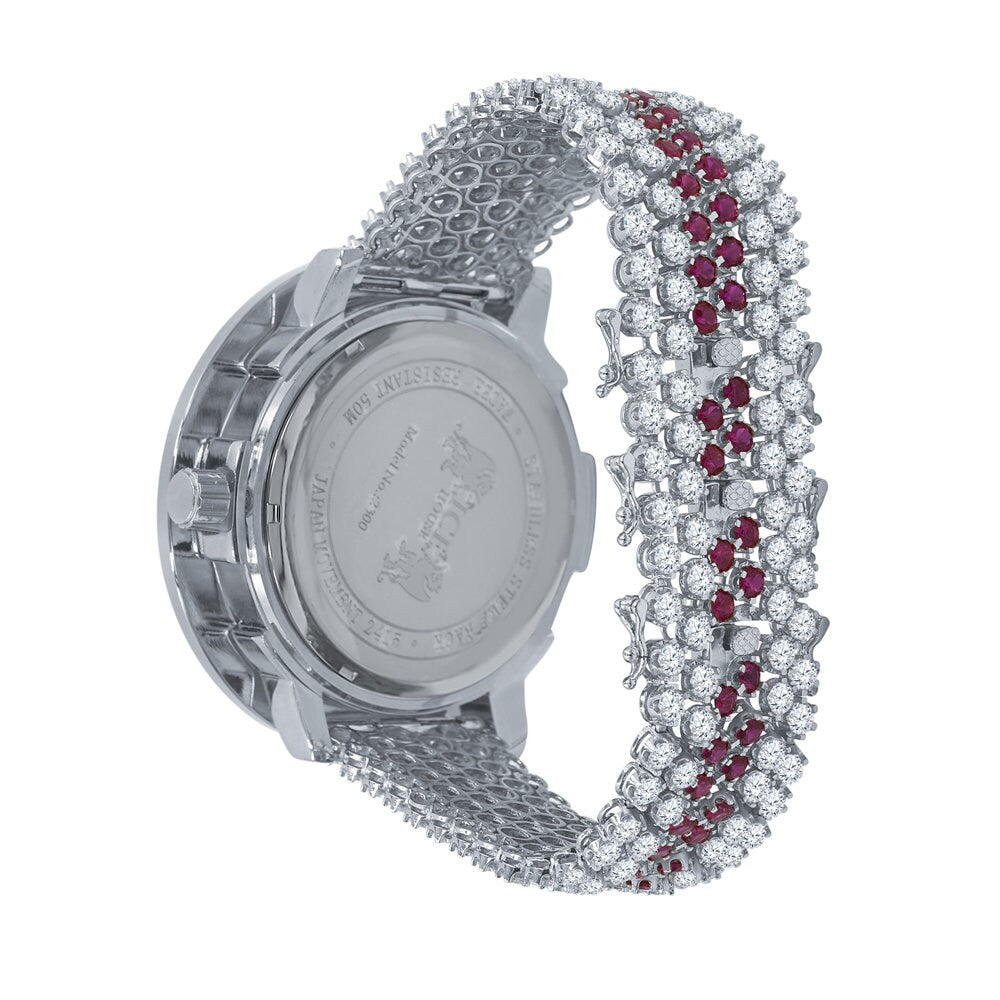 Iced Out Mens Ruby Red Watch 14K Gold Finish Genuine Diamond Dial Khronos Stainless Steel Back W/Date