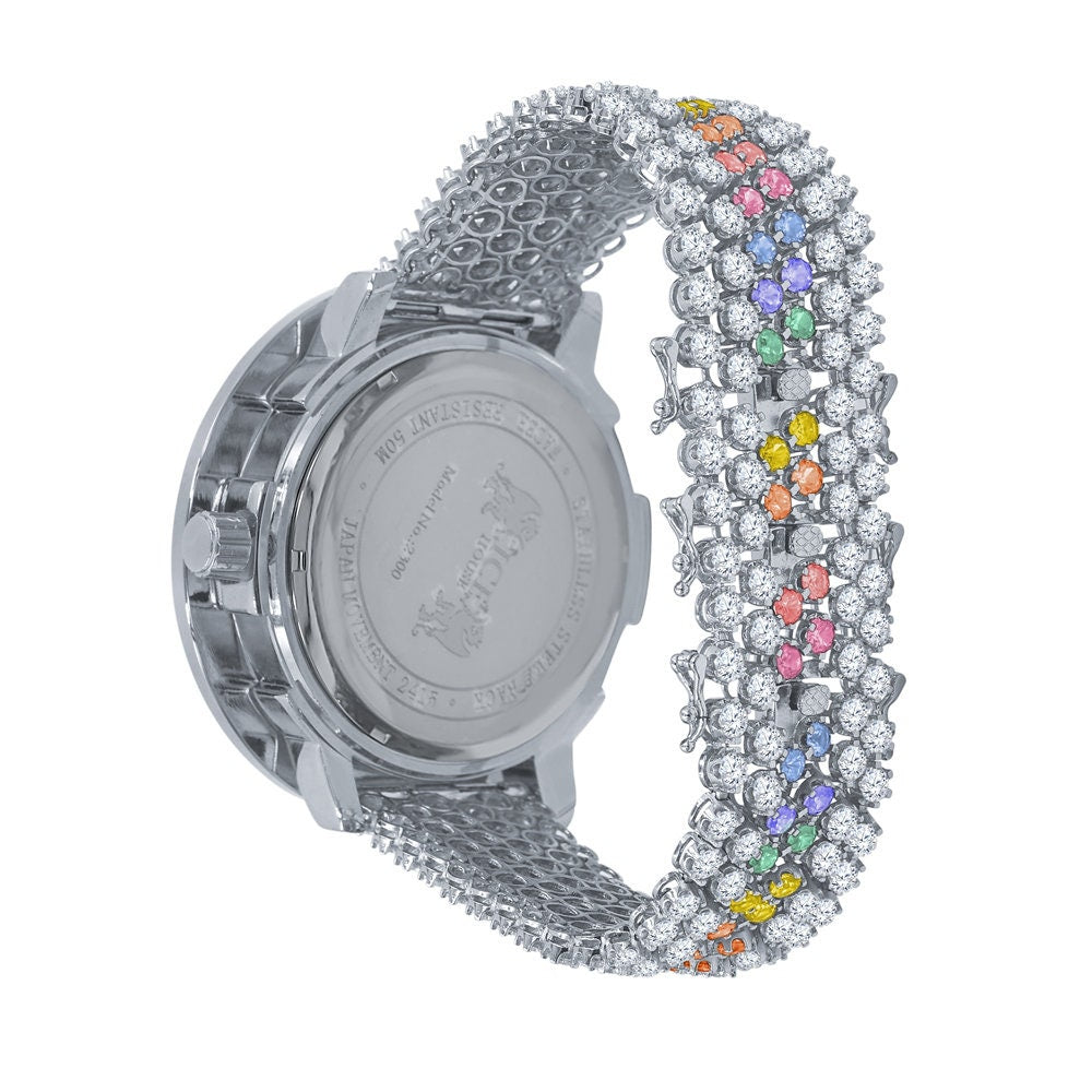 Custom Diamond Dial Rainbow colored Bezel Band White Gold Finish Men's Custom Watch W/Date Function