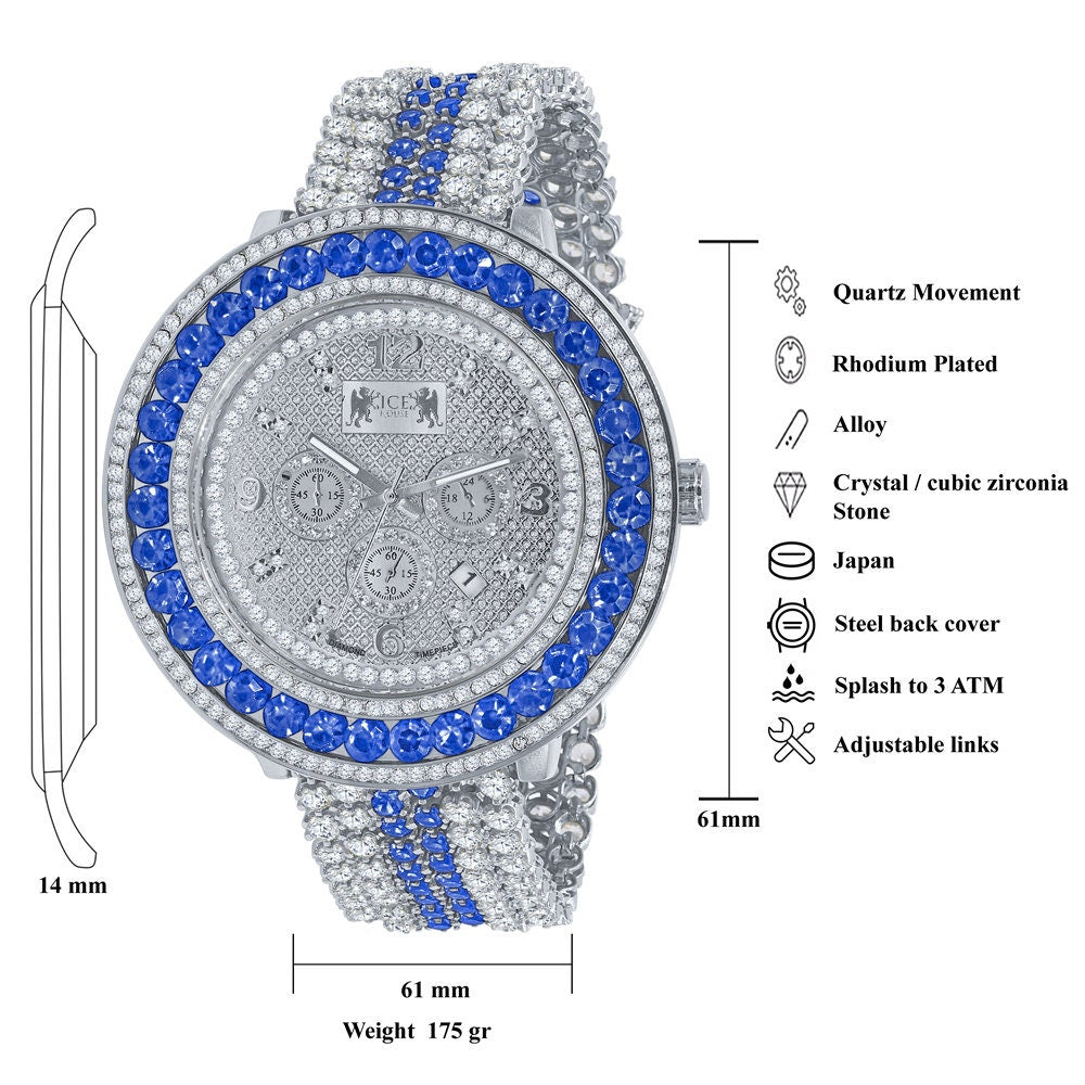 Khronos Stainless Steel Back W/Date Watch Real Diamond Dial Blue Solitaire Iced Out Mens 18K White Gold Finish