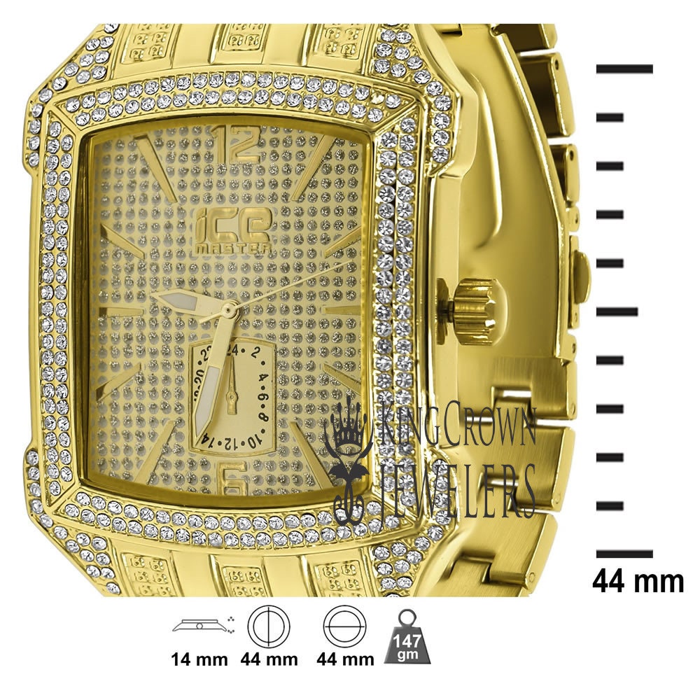 Mens Square Dial Solid Steel Back Yellow Gold Finish Simulated Diamond Metal Band Watch 44mm
