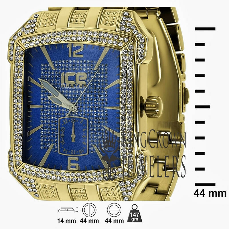 Blue Dial Square Face Solid Steel Back Yellow Gold Finish Simulated Diamond Metal Band Watch 44mm