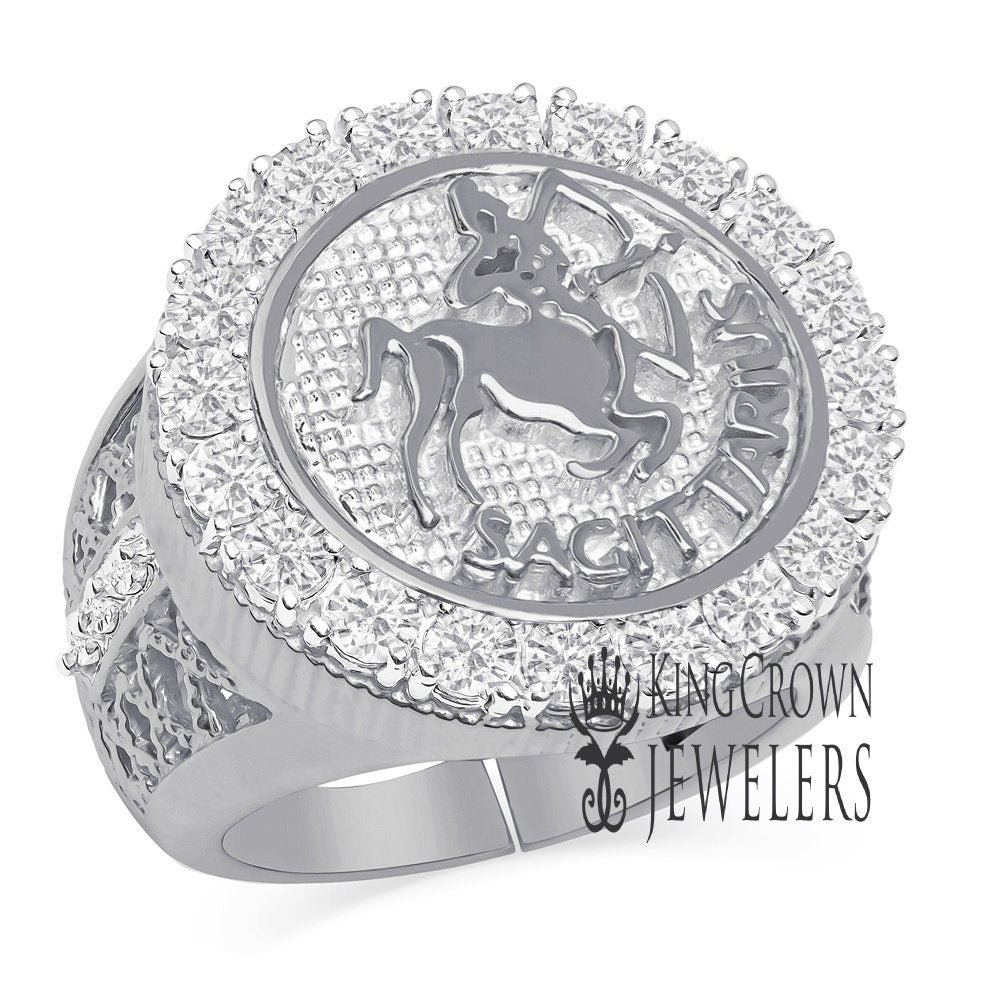 Men's 14K White Gold Over Real Genuine Sterling Silver 2.00 Cwt. Simulated Diamond Zodiac Sign Astrology Horoscope Adjustable Size Ring Band