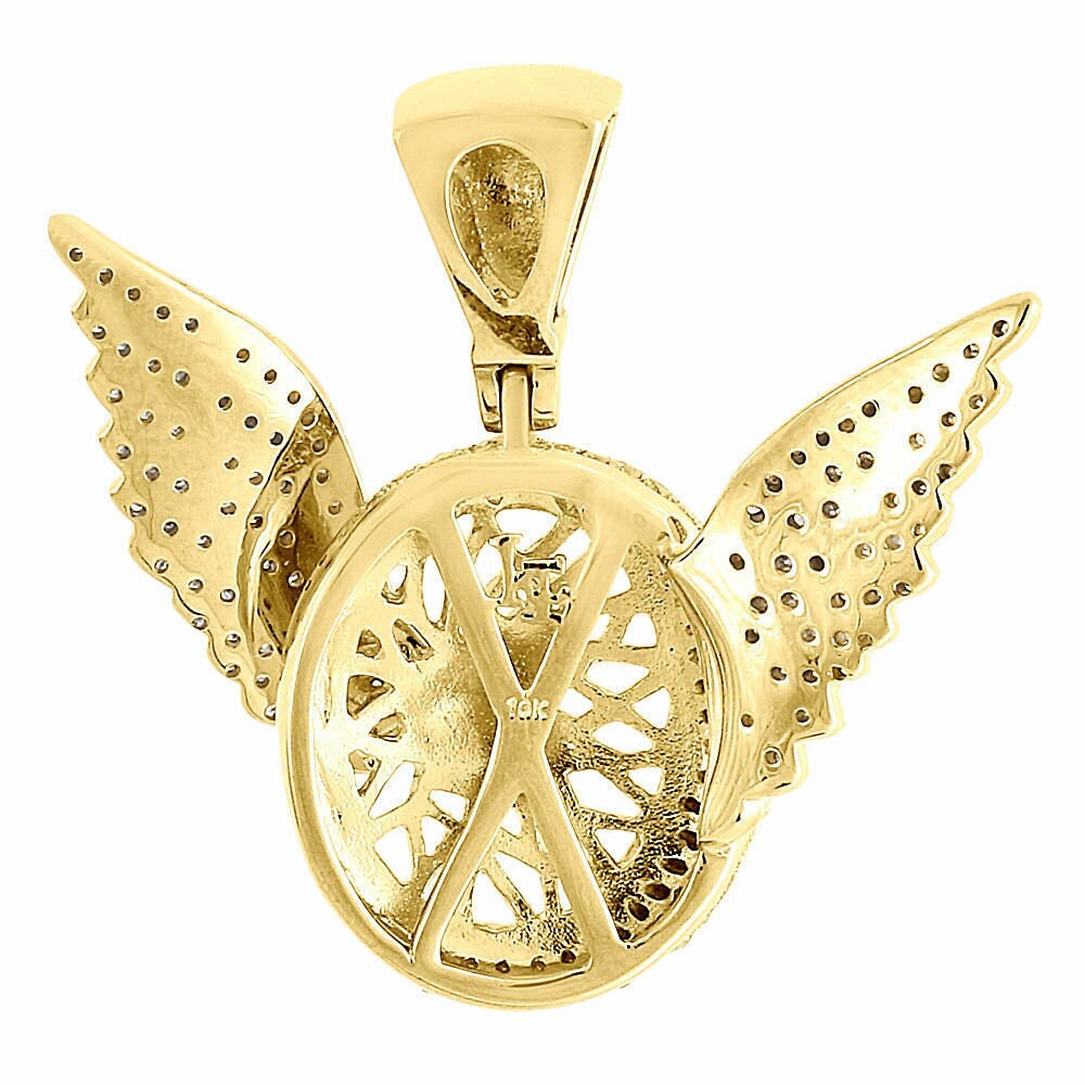 10K Yellow Gold On Silver Flying Tire Wheel Rim Wings Pendant Simulated Diamond Charm