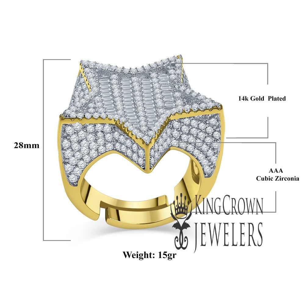 Real Sterling Silver 14K Yellow Gold Finish Lab Diamond Designer Baguette Men's Star Ring Band Big Bold