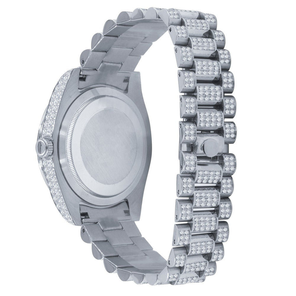 Stainless Steel Day/Date Roman Face Solitaire Bezel 18K White Gold Finish Full Iced Out Dial & Band Men's Diamond Watch 40mm - Crown