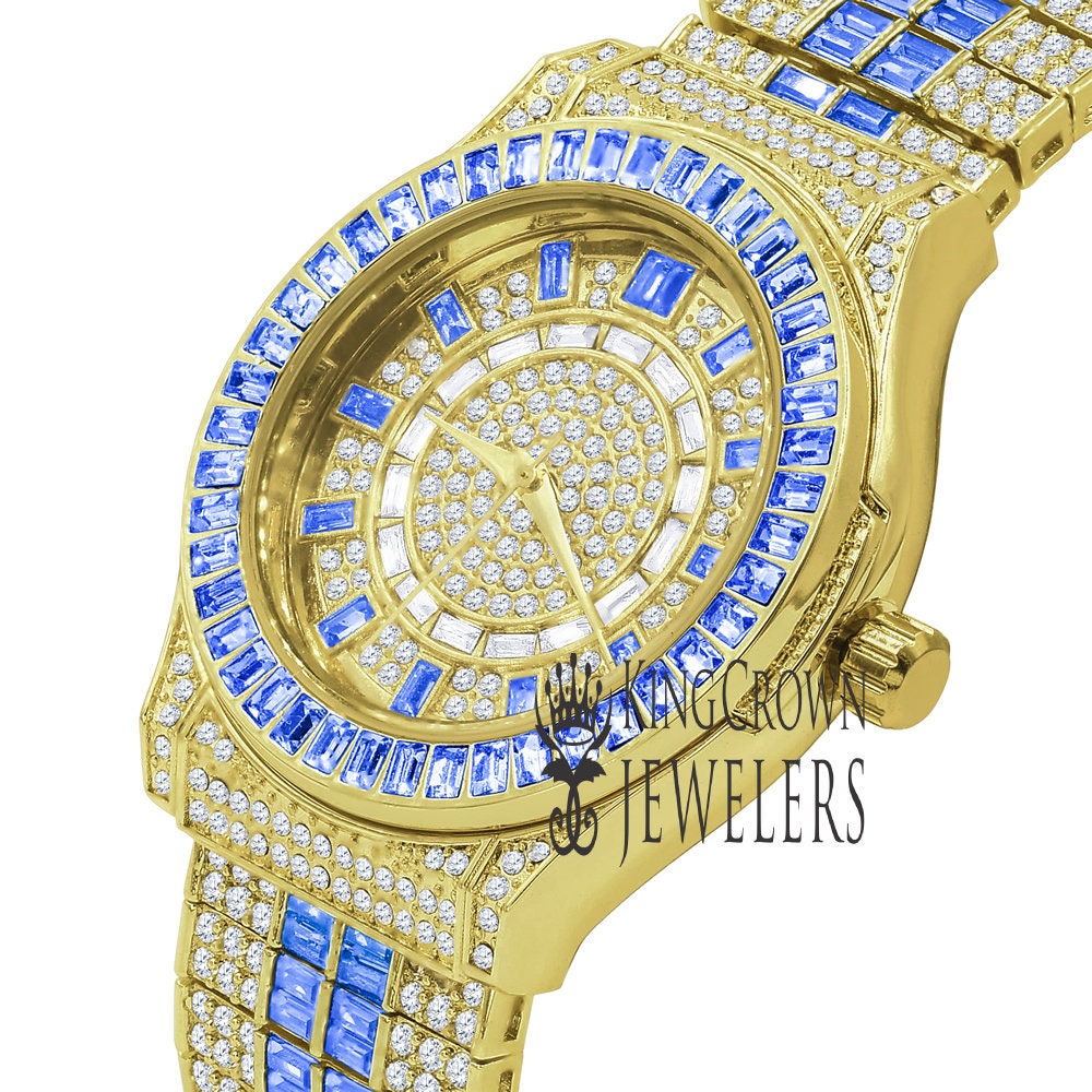 Mens Blue Sapphire Baguette Simulated Diamond 18K Gold Finish Iced Out Custom Band Luxury Watch
