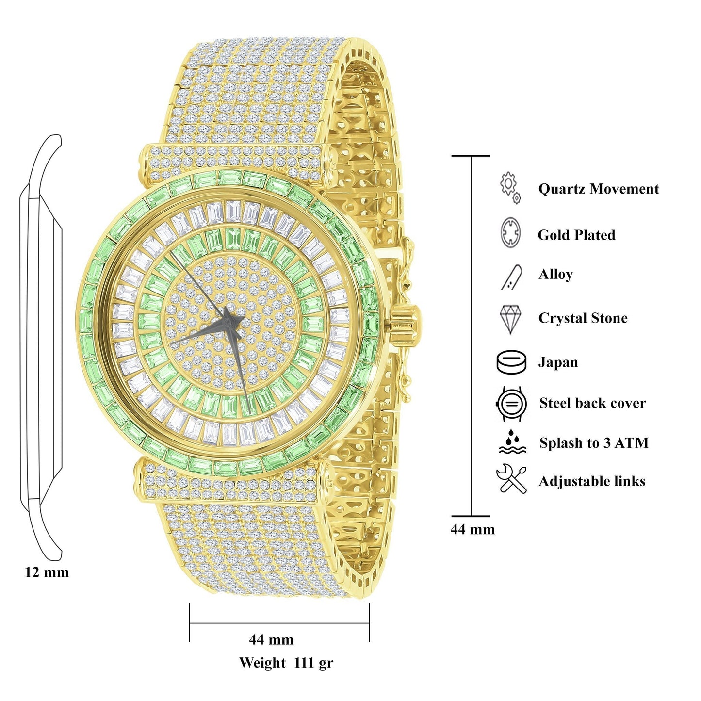 3.00ct Baguette Simulated Diamond Jo Rodeo 10 Row Custom Band Watch Iced Out Big Bold Emerald Green