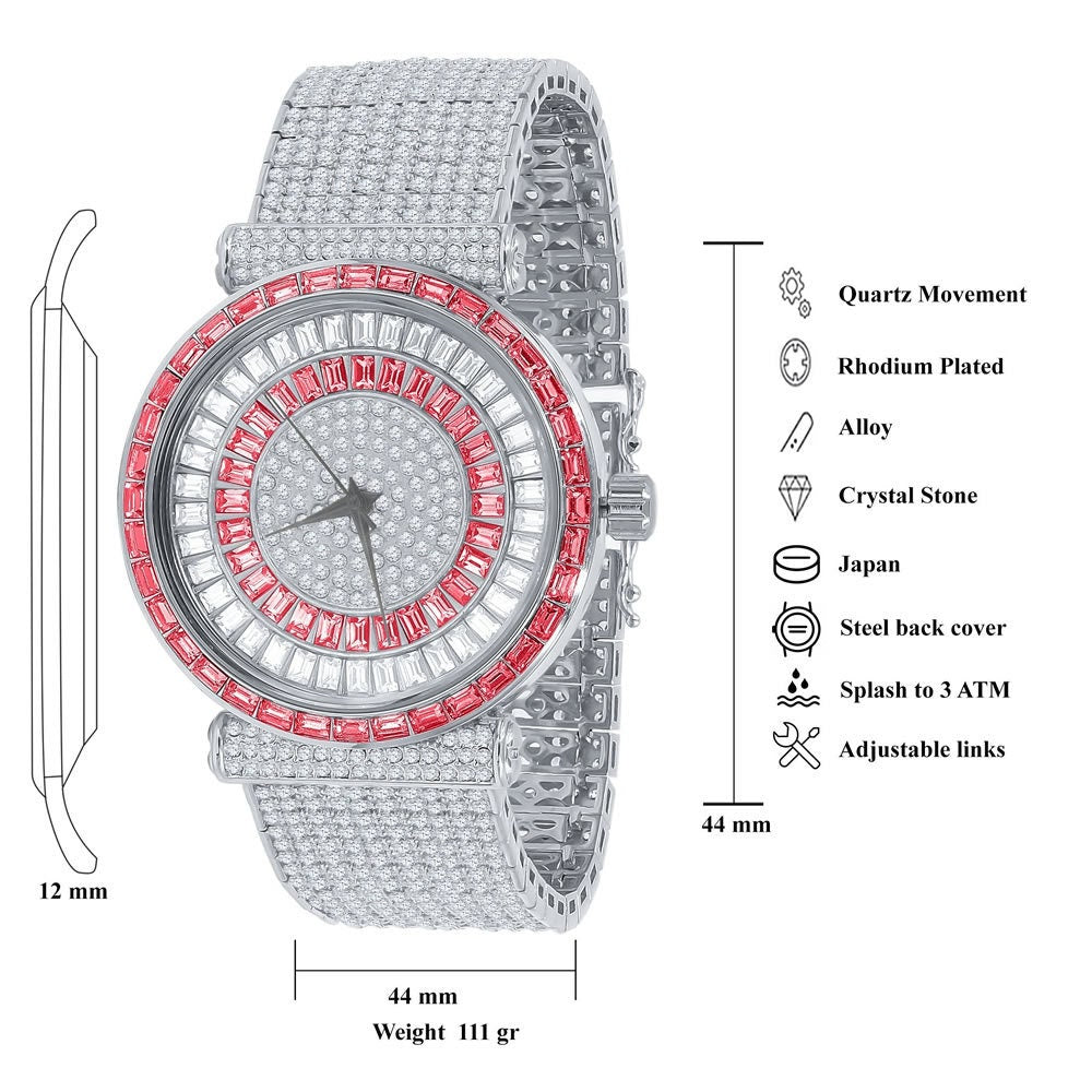 Ruby Red Mens 18K White Gold Finish Baguette Simulated Diamond Jo Rodeo 10 Row Custom Band Iced Out Bezel Watch