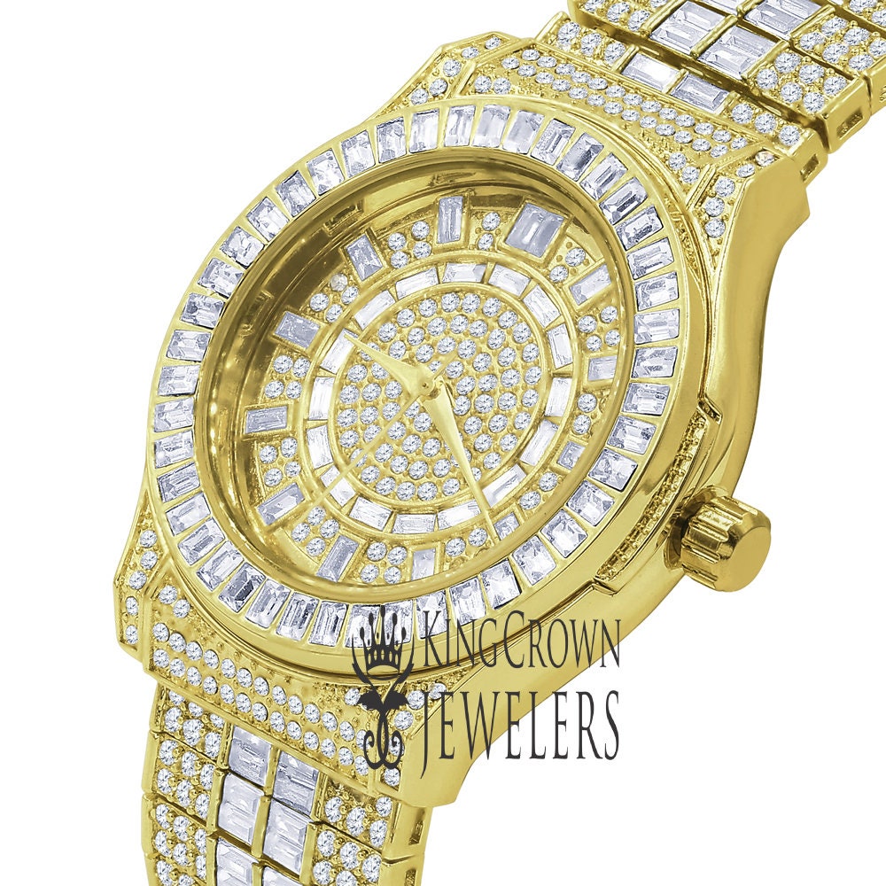 Fully Iced Out Baguette/Round Simulated Diamond 18K Yellow Gold Finish Custom Band Luxury Watch