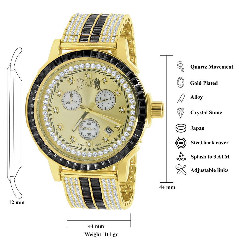Onyx Black Solid Steel Baguette-Cut Solitaire Bezel Gold Tone Simulated Diamond Adjustable Band Mens Watch W/Date