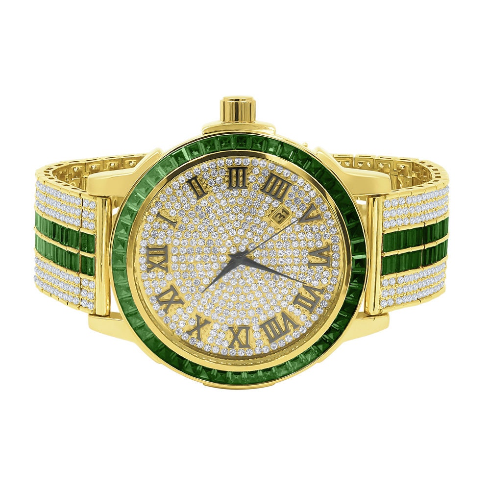 Mens Roman Numeral Dial Solid Steel Bezel Simulated Diamond Emerald Green Custom Adjustable Band Watch W/Date