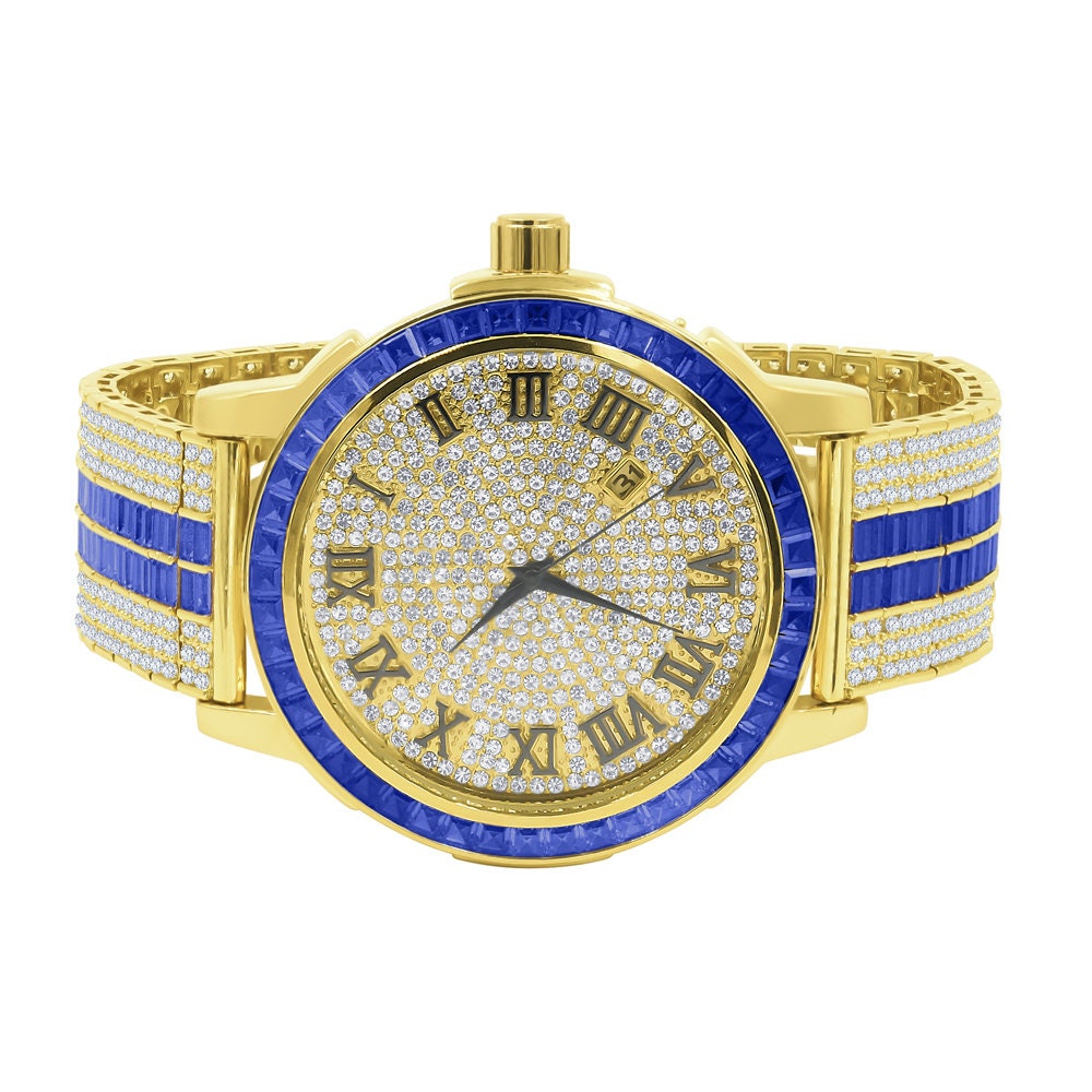 Roman Numeral Dial Solid Steel Bezel Simulated Diamond Sapphire Blue Custom Adjustable Band Mens Watch W/Date