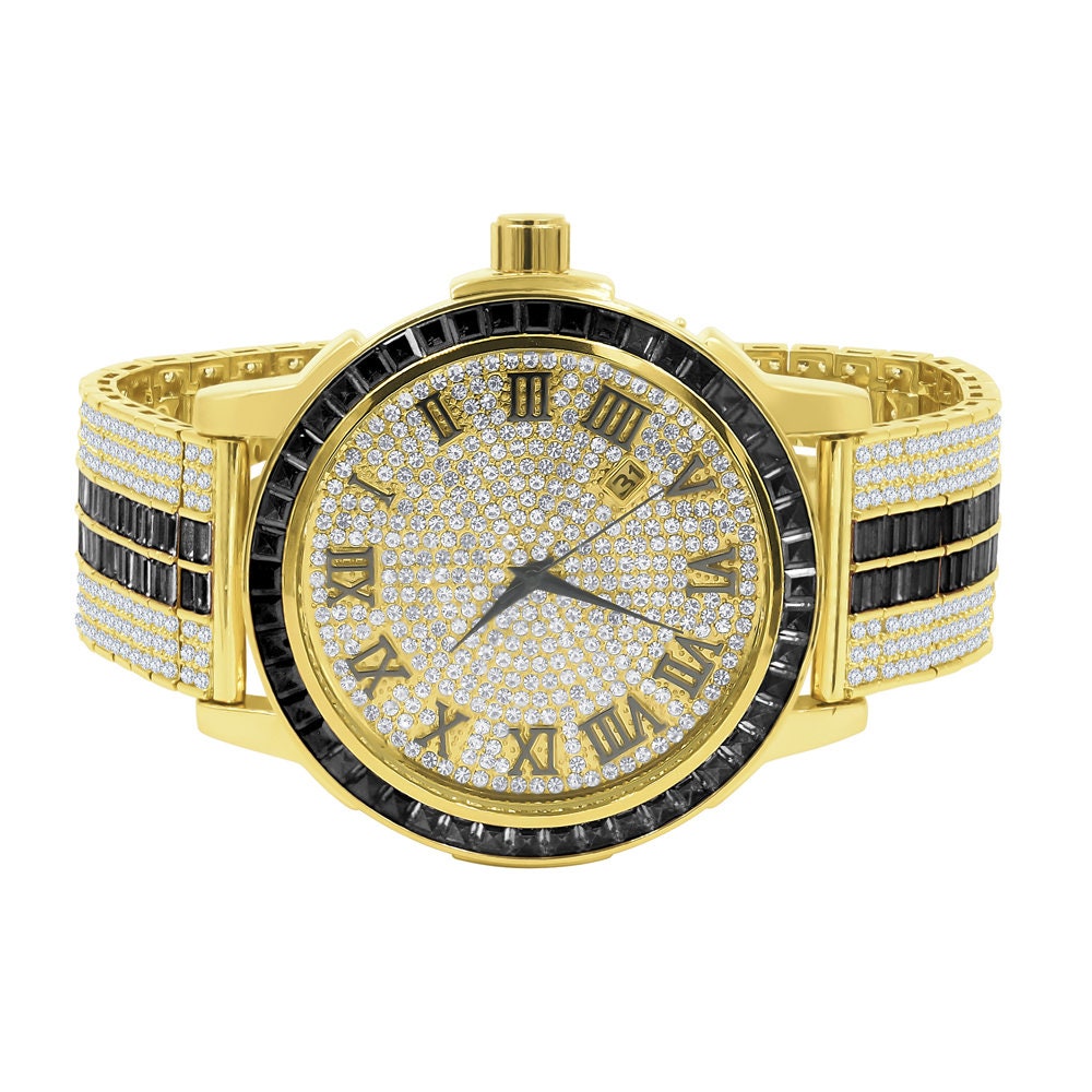 Roman Numeral Black Onyx Dial Solid Steel Bezel Gold Tone Simulated Diamond Custom Adjustable Band Mens Watch W/Date