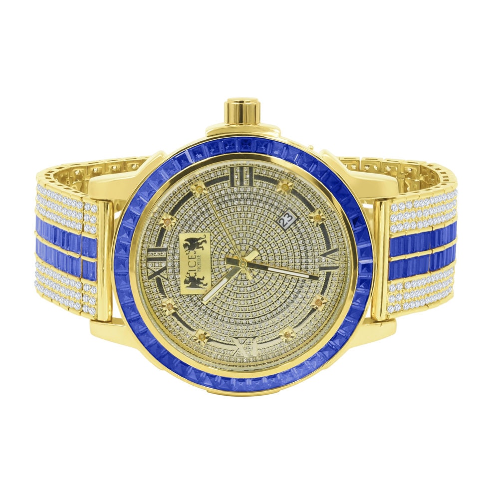 Roman Face Real Diamond Dial Stainless Steel Custom Bezel Sapphire Blue Gold Tone Adjustable Band Watch W/Date