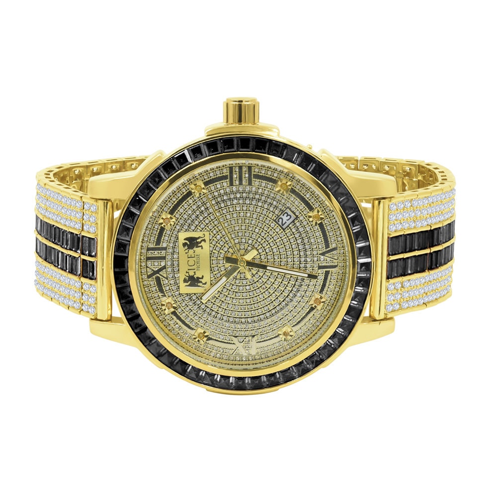 Mens Genuine Diamond Dial Stainless Steel Custom Bezel Black Onyx Gold Tone Adjustable Band Watch W/Date