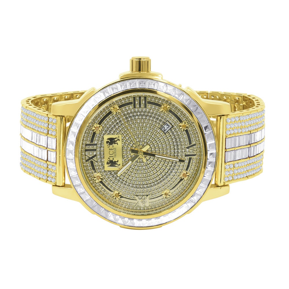 Mens Custom Band Watch W/Date Function Yellow Gold Finish Solid Steel Iced Out Bezel Real Diamond Dial
