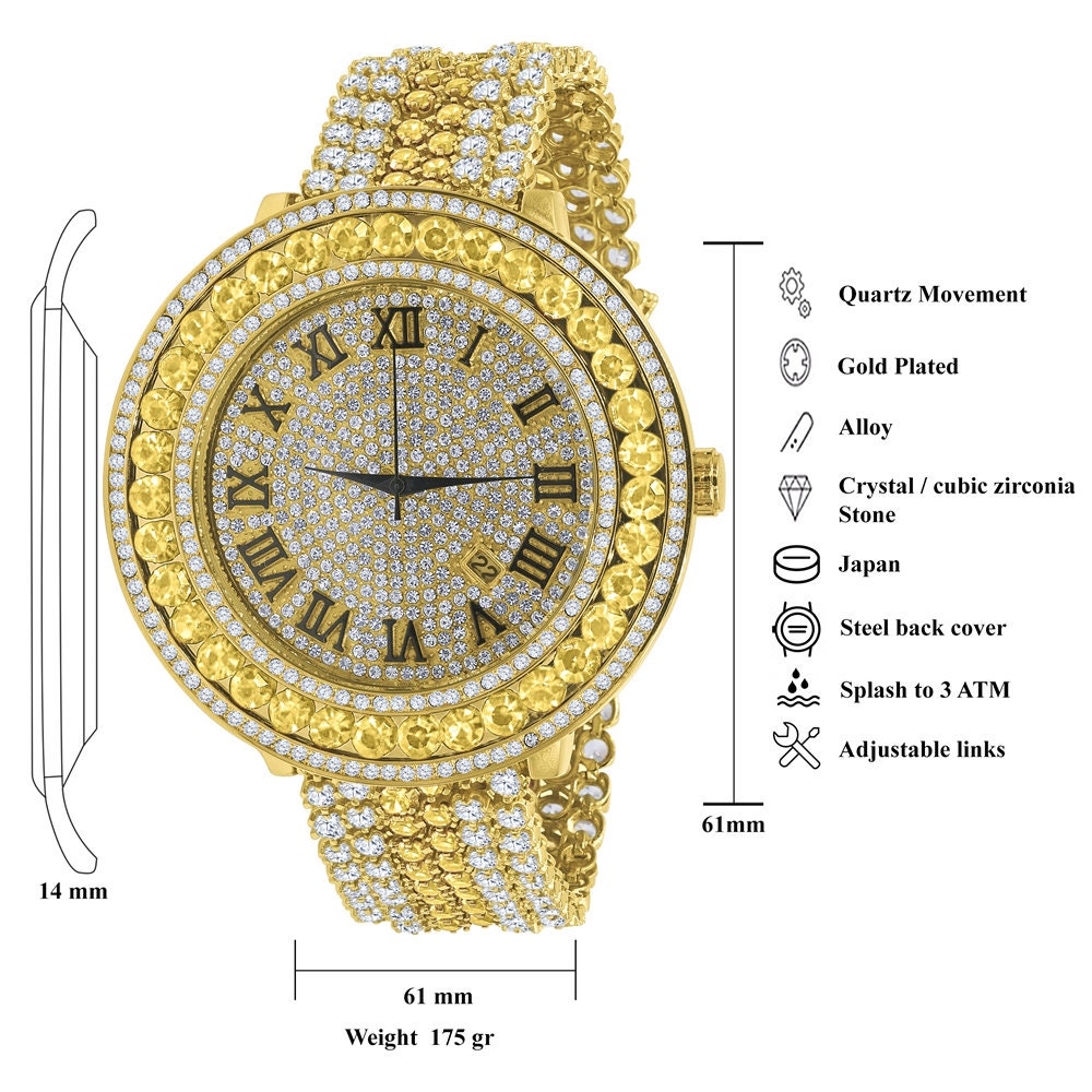 Gold Canary Roman Numeral Dial Big Face Black Onyx Simulated Diamond Mens Jo Rodeo Adjustable Size Band Custom Watch