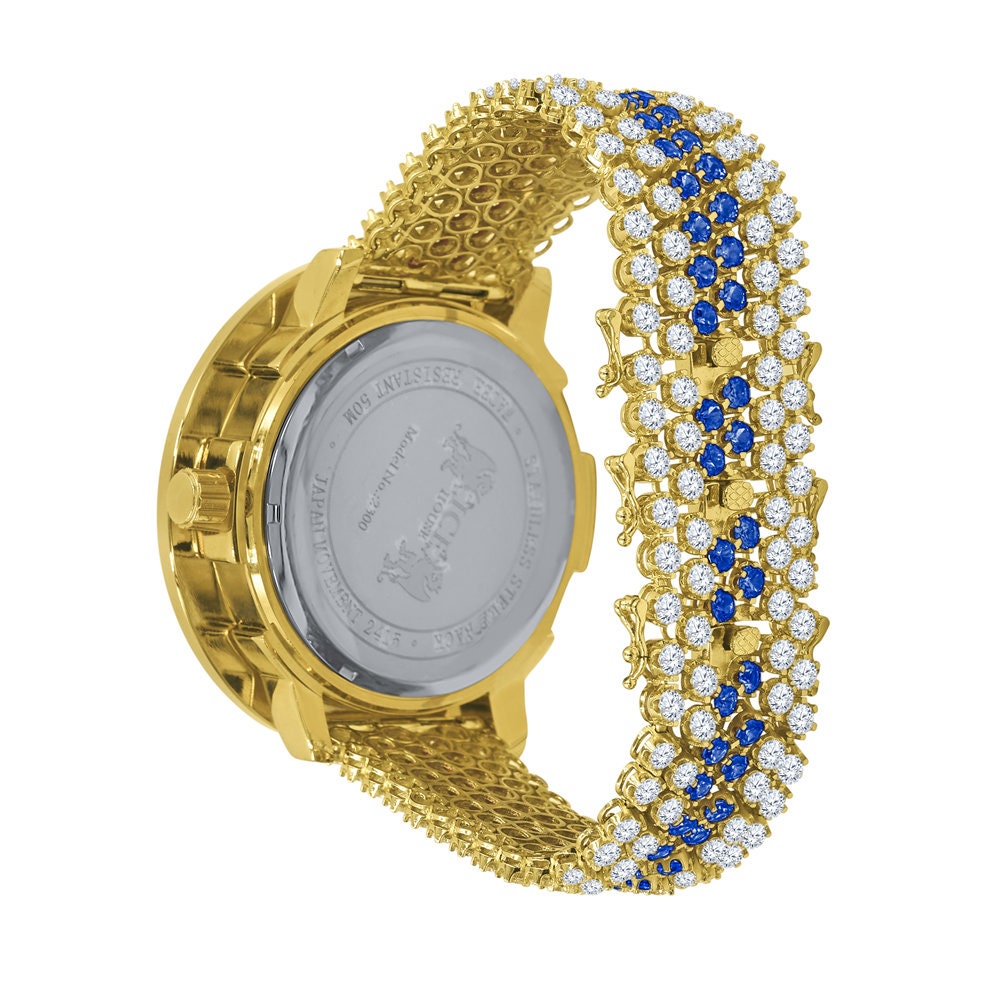 Blue Sapphire Real Genuine Diamond Mens Custom Watch 18K Yellow Gold Finish Adjustable Size Band W/Date Function