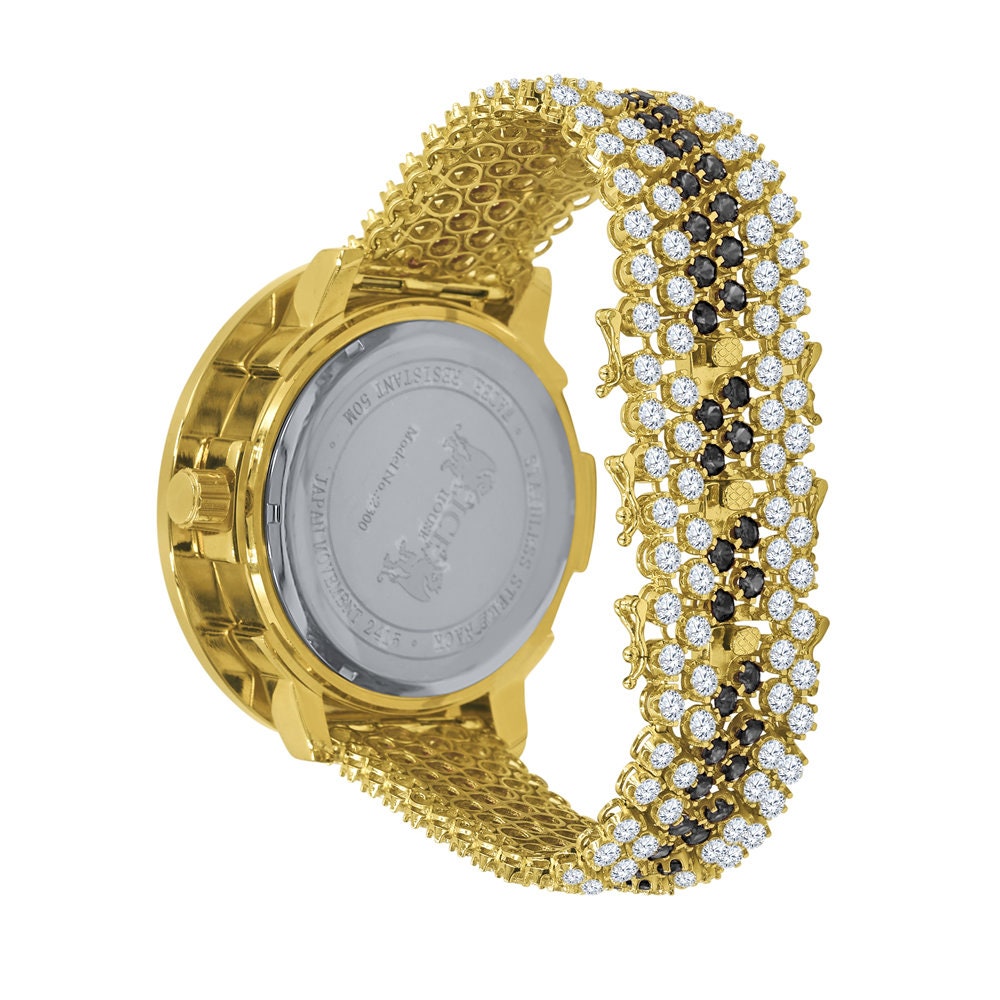 Mens 18K Yellow Gold Finish Real Diamond Face Iced Out Bezel & Band Black Onyx Custom Watch W/Date Function