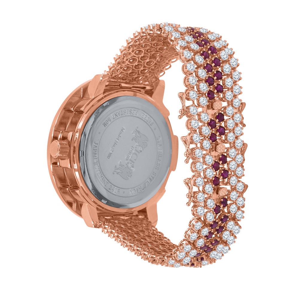 Fully Iced Out Solitaire Real Diamond Dial Ruby Red Stainless Steel Back Mens Rose Gold Watch W/Date Function