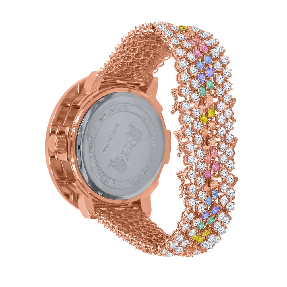 Rainbow Solitaire Multi Tone Bezel Genuine Real Diamond Dial Rose Gold Finish Iced Out Custom Band Watch W/Date