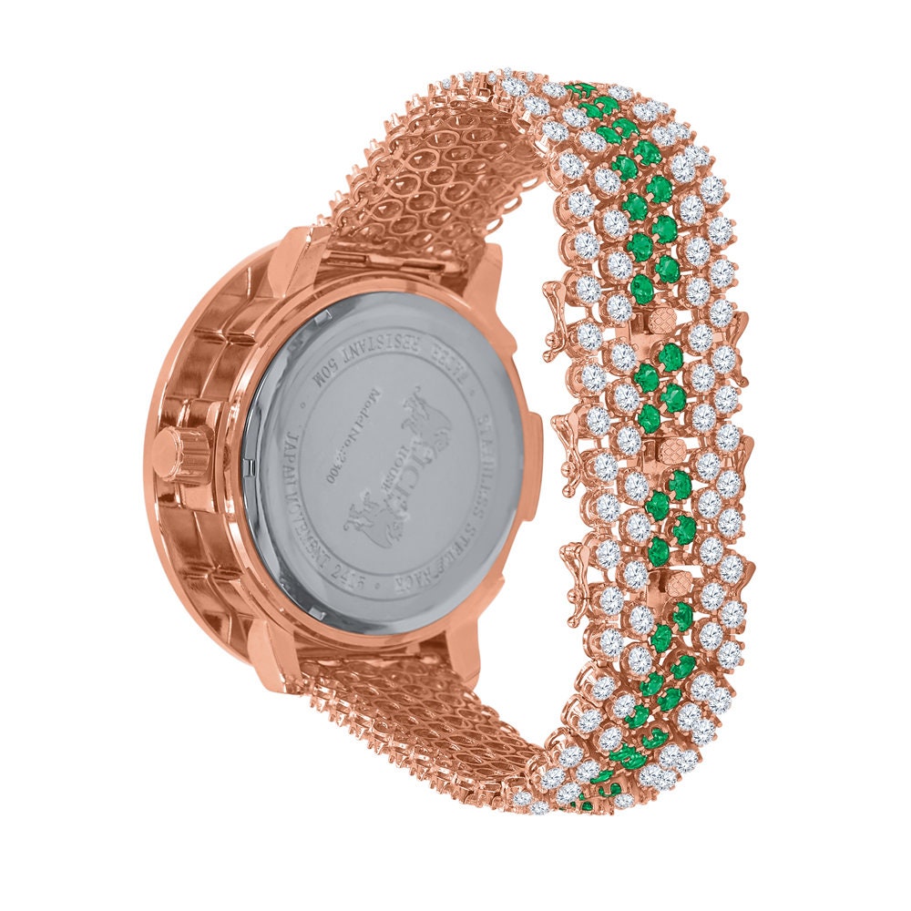 Roman Face Rose Gold Genuine Diamond Dial Green Solitaire Bezel Custom Band Watch W/Date Function