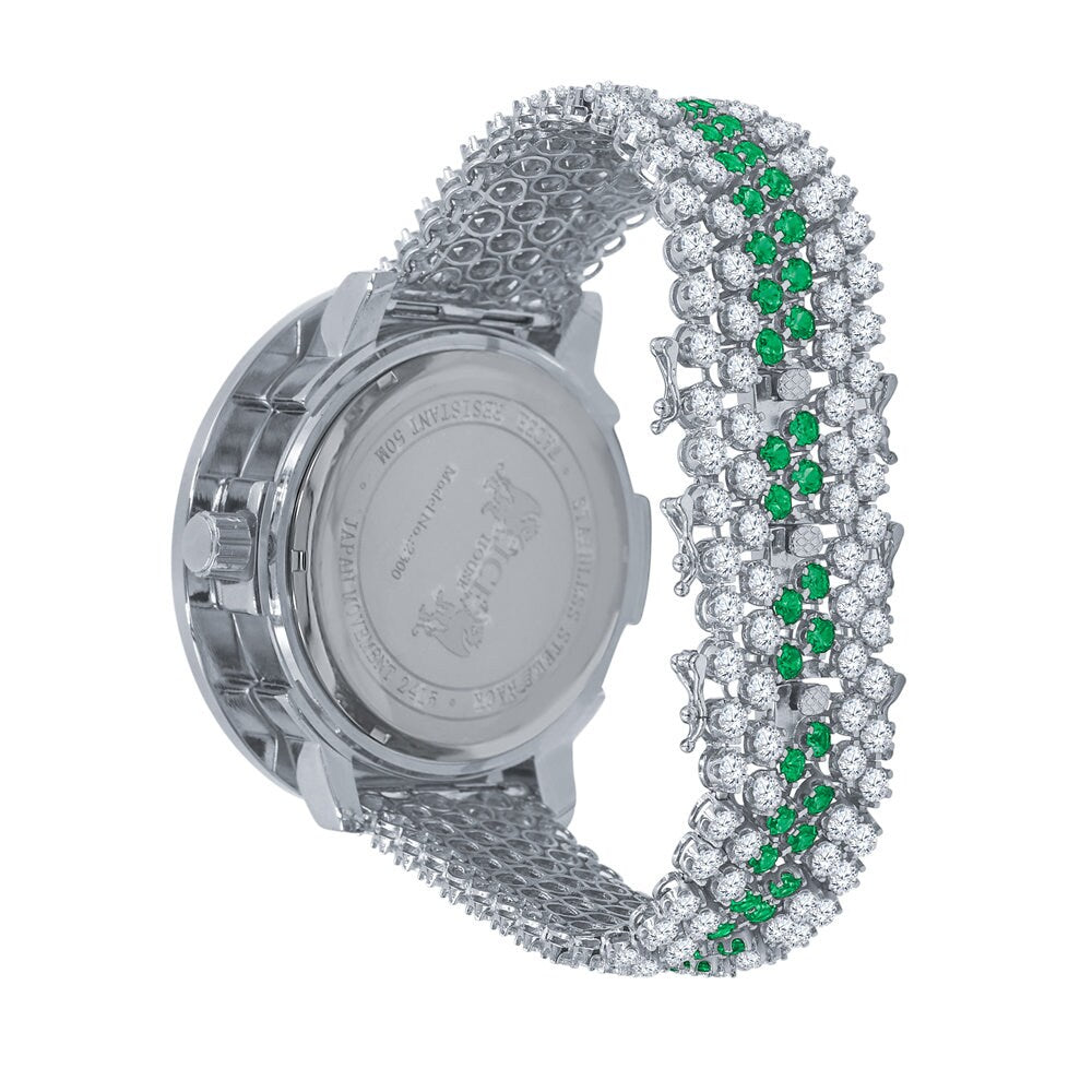 Mens Green Solitaire Bezel Roman numeral Dial White Gold Finish Simulated Diamond Custom Watch W/Date